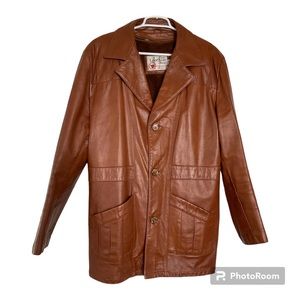 Vintage Sears The Leather Shop Mens 44 TALL Leather Jacket Brown Zip-Out Lining